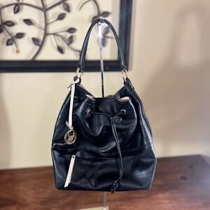 A. Bellucci Women's Black tan leather tote Small Drawstring Bucket Shoulder Bag